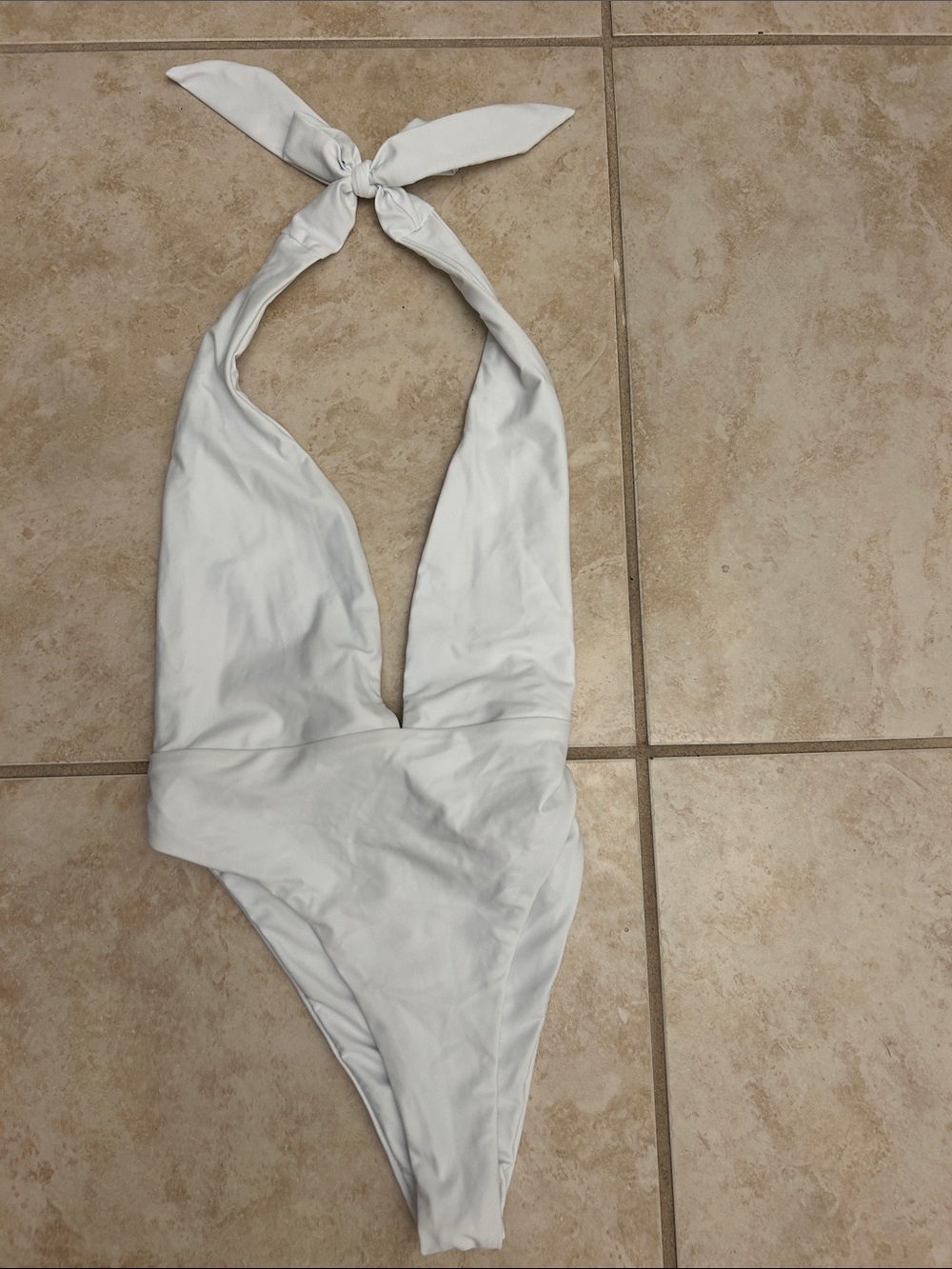 superdown White Plunge Halter One-Piece Swimsuit
